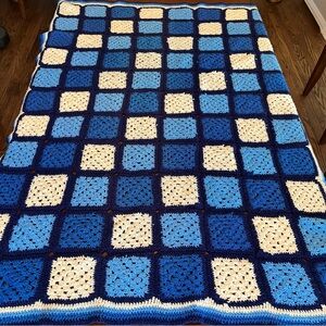 Handmade Granny Square Afghan Blanket Crochet blue white Retro Cottagecore